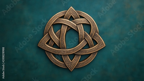 A detailed Celtic knot design in gold is centered on a textured teal background.