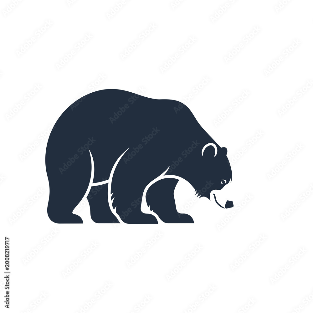 Fototapeta premium Minimalist black bear illustration in profile, stylized walking bear silhouette with white highlights and facial details isolated on a plain white background for wildlife design.