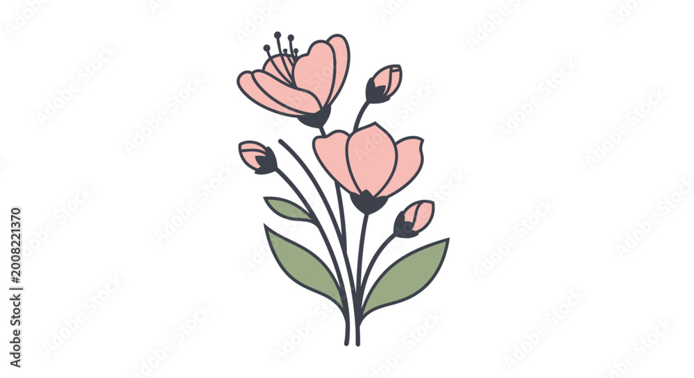 Obraz premium Delicate Pink Cherry Blossom Branch with Buds and Green Leaves, Minimalist Floral Illustration