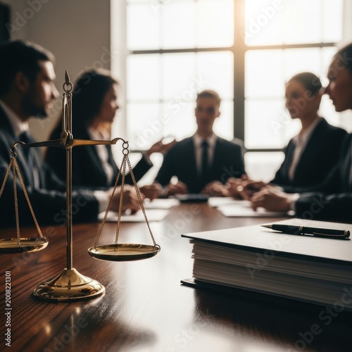 A group of lawyers in a meeting, with the scales of justice and a legal document on the table.
