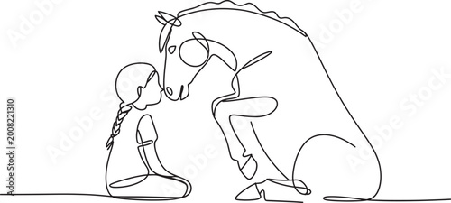 Minimalist single line illustration of young girl sitting with majestic horse in peaceful connection.
