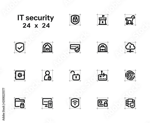 Set of minimalist outline vector icons on the theme of personal data protection and security. 24x24 pixels, editable outlines.