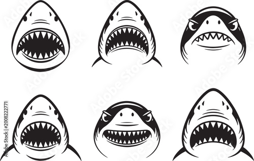 Collection of menacing shark heads with sharp teeth roaring with aggressive expressions.