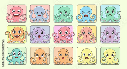 Colorful cartoon octopus faces smiling.