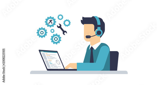Man working on computer with headset.