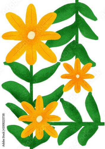 Yellow Daisy Flower Illustration PNG with Botanical Leaves Transparent Background, Cute Yellow Flower Clipart with Leaves Isolated PNG for Floral Design