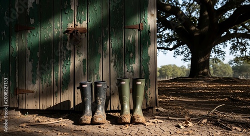 Rubber boots outside rustic wooden shed in rural setting