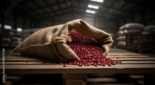 Spilled red beans from burlap sack on wooden pallet in warehouse