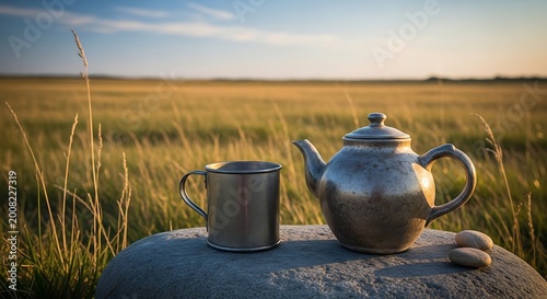 Tea on a rock in a field