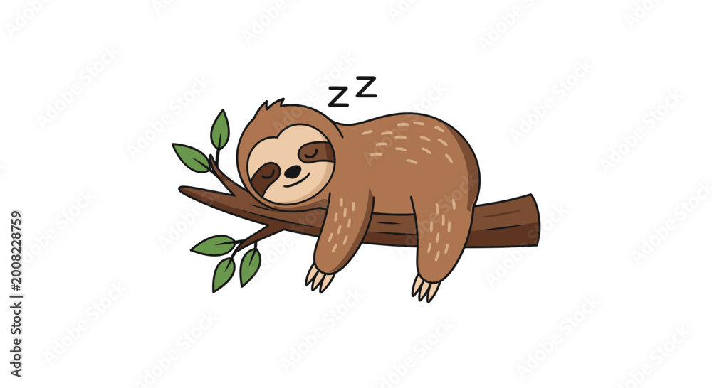 Fototapeta premium Cute Sleeping Sloth Hanging on Tree Branch with Zzz Symbol