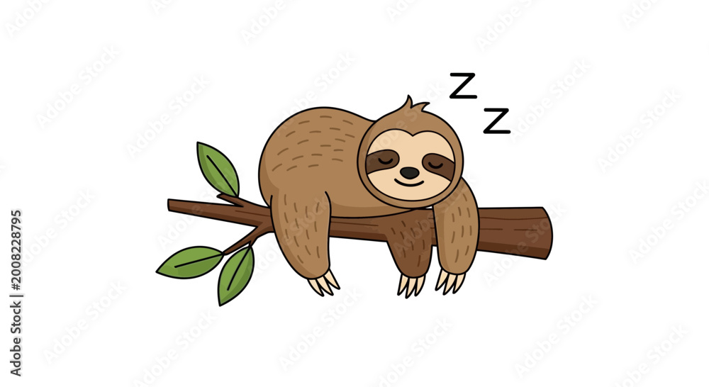 Fototapeta premium Cute sloth sleeping on a tree branch, peaceful nap, Zzz symbol