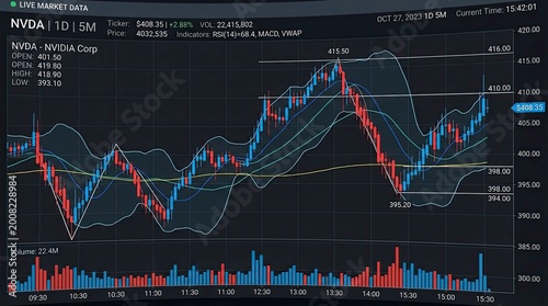 Nvidia stock chart showing market data, trading, and financial information.