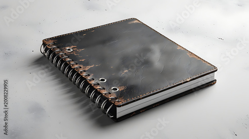 old worn leather notebook with rusty metal spiral binding on concrete surface