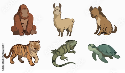 Canvas Print Wild Animal Set with Monkey, Llama, Hyena, Tiger, Iguana, Turtle for Kids’ Illus