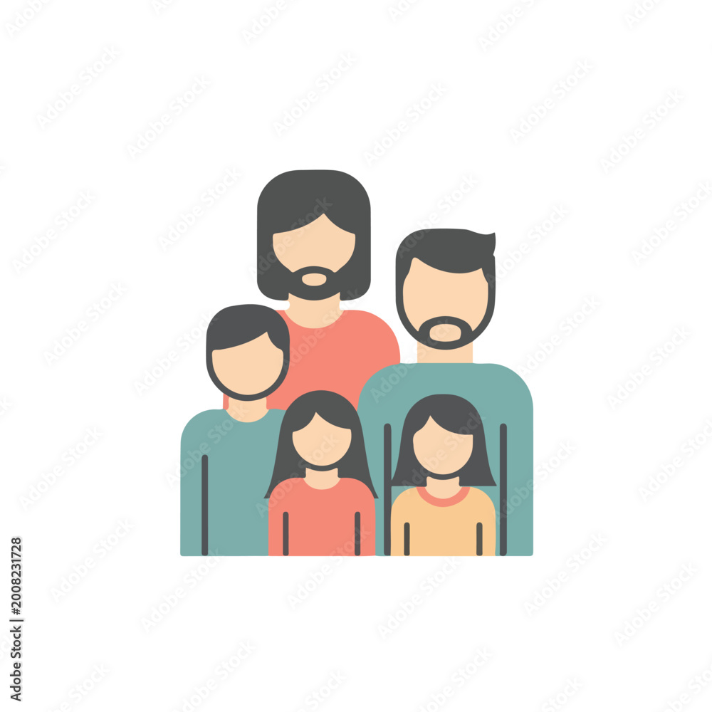 Obraz premium Flat vector illustration of a diverse family group icon.