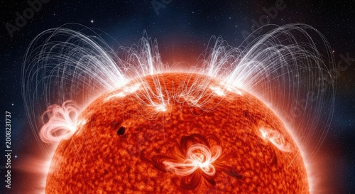 Vibrant rendering of a sun with energetic flares emitting light in space