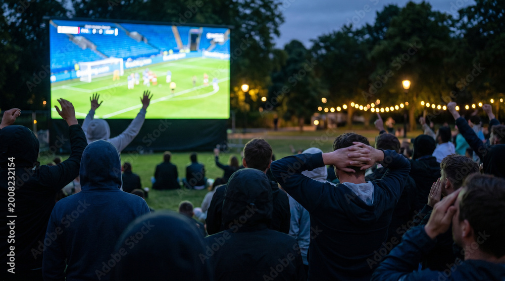 Fototapeta premium Crowd watching soccer match on large outdoor screen in park at dusk
