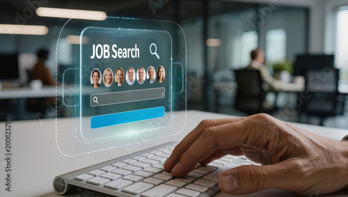 Hands Typing on Keyboard with Job Search Interface and Professional Connections in Office