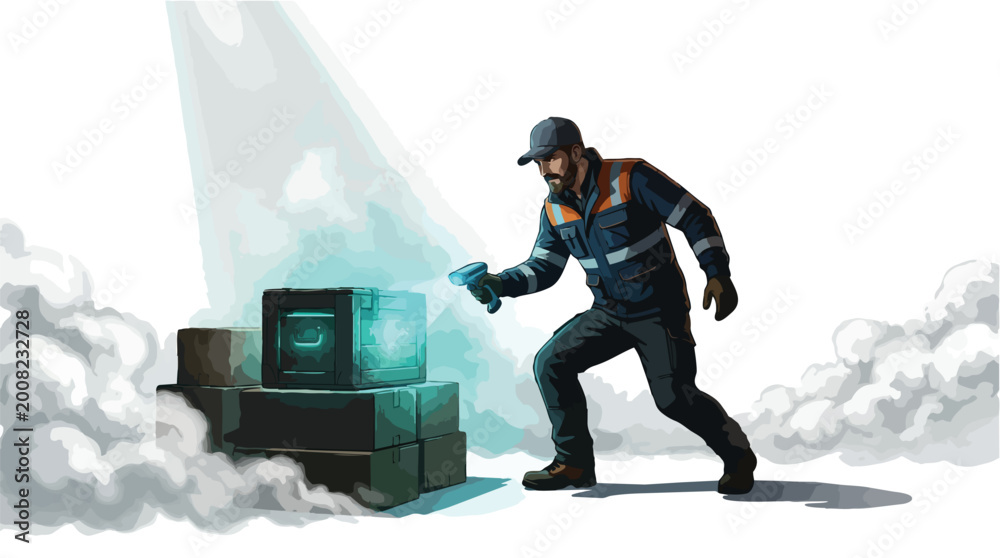 Fototapeta premium Cyberpunk Delivery Worker Investigating Mysterious Glowing Crates in Smoky Industrial Environment Vector Illustration