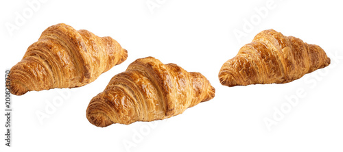 Fotografie Golden flaky croissants trio on white background, crispy layered French pastry,