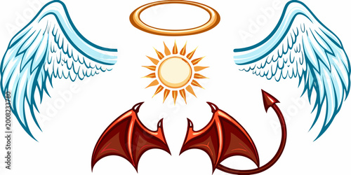 Angel and devil wings with halo and sun illustration
