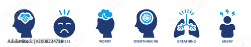 Human emotions icon set. stress, burnout, frustration, overthinking, anxiety. solid style icon collection.