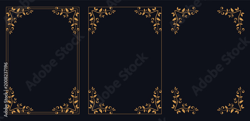 Tableau sur toile Golden Frame Collection: Exquisite golden frames with botanical detailing grace a dark canvas, inviting the eye to explore their ornate elegance