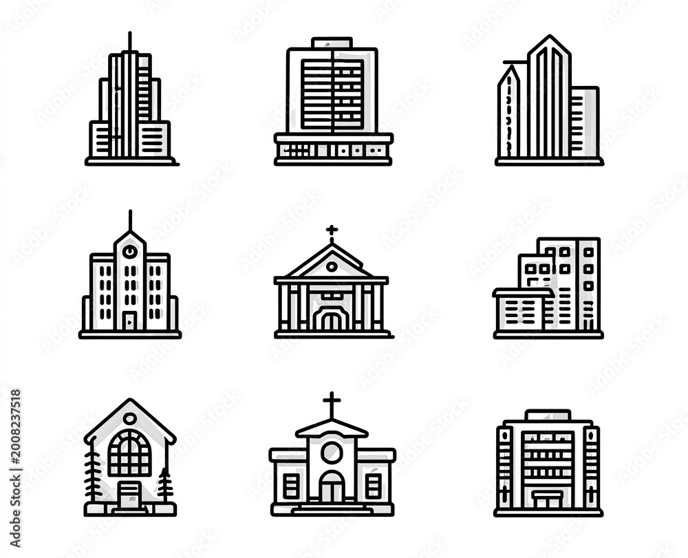 Fototapeta premium Set of Nine Black and White Building Icons.
