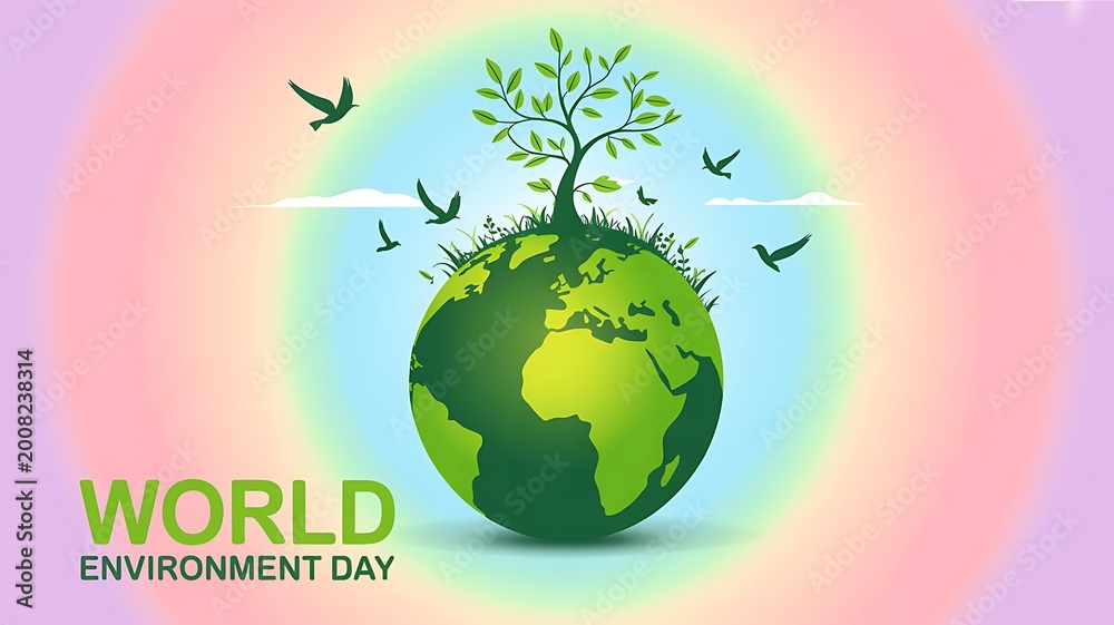 Obraz premium World environment day banner with green earth globe growing tree flying birds rainbow background, environment