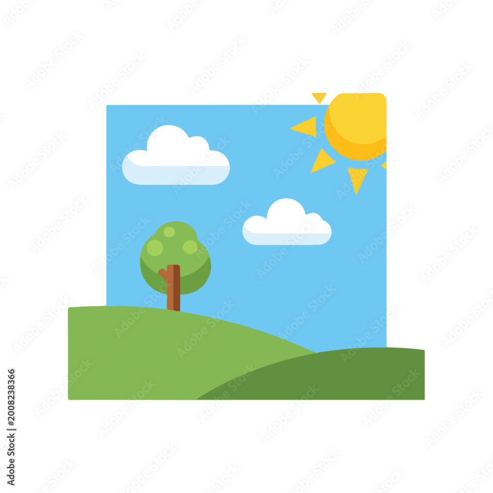 Fototapeta premium Flat vector illustration of a sunny landscape with a tree on a green hill.