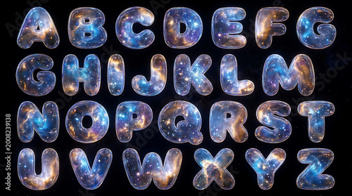Cosmic Glass Alphabet Set with Nebula and Galaxy Texture