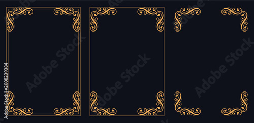 Quadro su tela Golden Adornments: A trio of elegantly designed decorative frames, showcasing ornate golden embellishments set against a rich, dark backdrop
