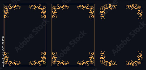 Konstfotografi Ornamental Elegance: Three intricate, golden frames stand against a dark background, each corner adorned with detailed, flowing designs, adding a touch of sophistication and grace