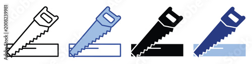Hand saw cutting wooden board icon representing building, carpentry, and renovation tasks