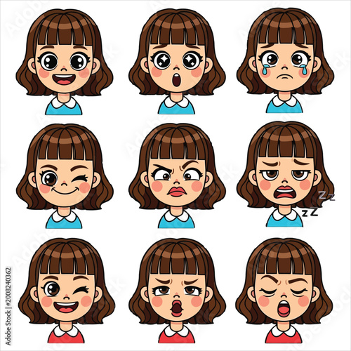 Set of nine facial expressions for a cute girl character with brown hair in a flat vector style for animation and digital interface design