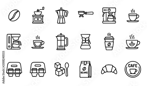 Bild auf Leinwand Minimal coffee outline icons cafe drink symbols espresso beans coffee maker equi