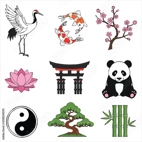 Detailed japanese cultural icon set featuring crane and koi fish and panda and bonsai tree and torii gate for graphic design and branding needs
