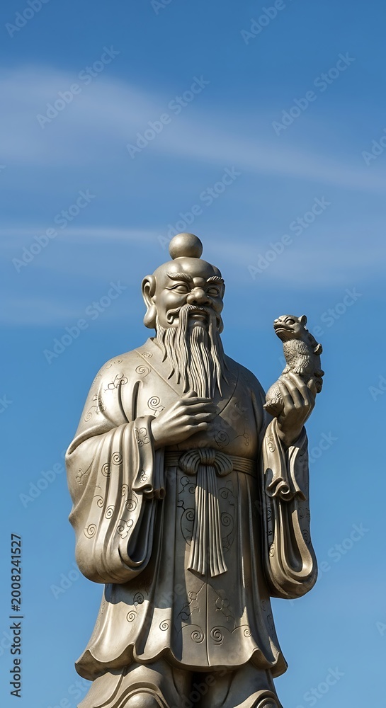 Obraz premium Statue of a Chinese deity against a clear blue sky.