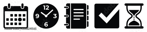 Essential black and white time management icons for organizing schedules and boosting productivity