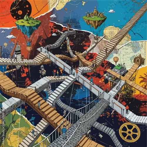 Foto Complex interconnected wooden and stone staircase maze in a surreal fantasy world
