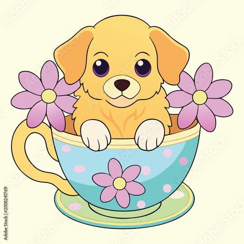 Cute Golden Puppy in Teacup with Pink Flowers - Kawaii Cartoon Vector Illustration