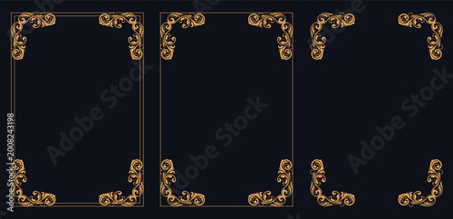 Foto Ornate Frame Trio: A set of three elegant, vintage-style frames, each adorned with intricate gold filigree against a deep, rich background