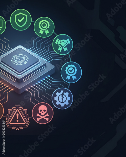 AI ethics regulation Concepts. Microchip surrounded by digital icons representing security, quality, and risk management concepts.