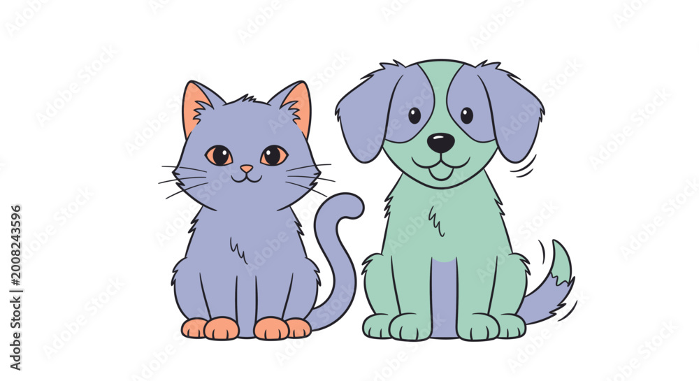 Fototapeta premium Cute cartoon cat and dog friends.