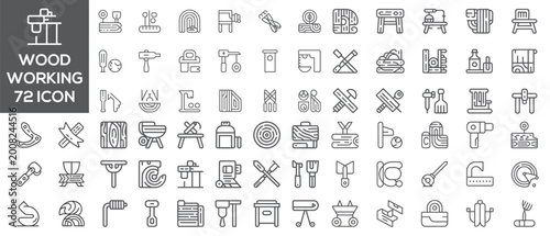 Foto Woodworking Icon Collection: A comprehensive compilation of 72 icons representing various aspects of woodworking, from tools and techniques to finished products