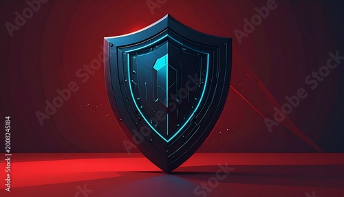 3d cybersecurity shield icon glowing on dark red gradient background for digital protection