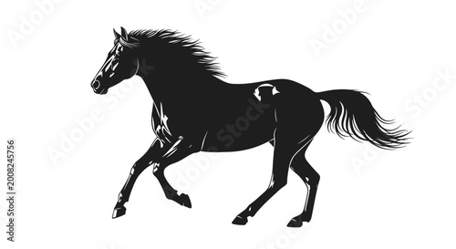 Foto Black Horse Running Fast Silhouette Profile.