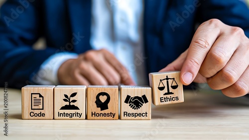 Business ethics concept with integrity honesty respect and justice icons on wooden blocks