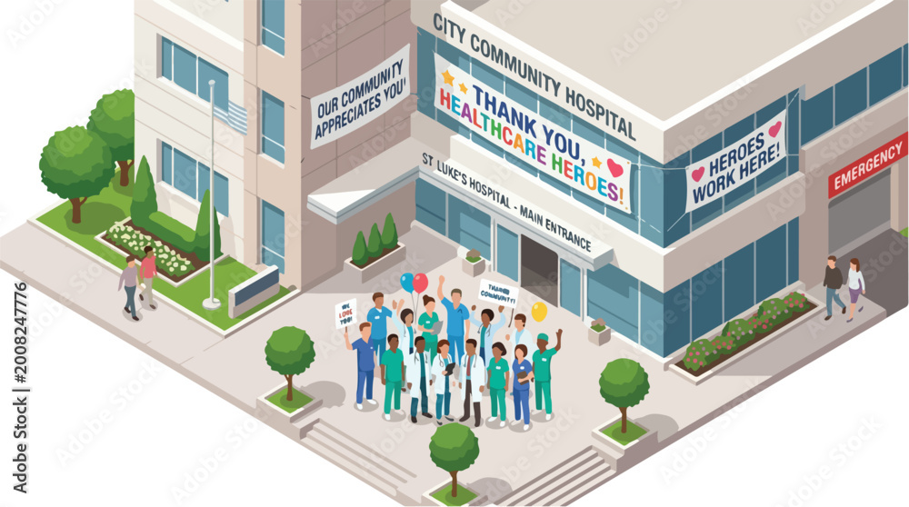 Fototapeta premium Healthcare Heroes Appreciation Isometric Illustration City Community Hospital Support Medical Workers Thank You Banner