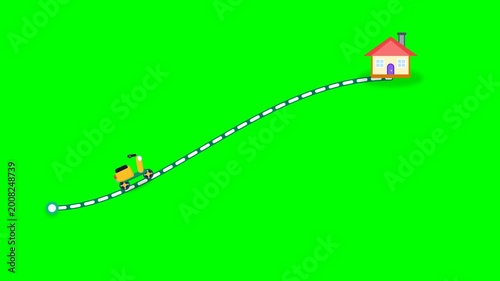 Yellow Scooter Animation Moving on Dashed Path Towards House on Green Screen for Delivery and Logistics Concept